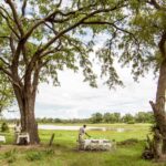 Breakfast is prepared under the trees by Camp Moremi staff member