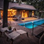 Chitabe's swimming pool deck with shaded sun loungers beckons guests to relax during activities