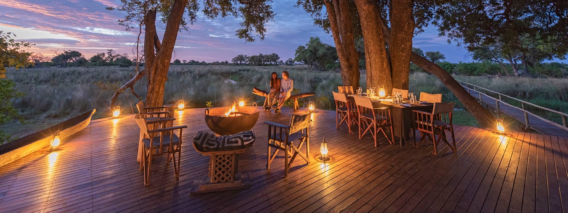 Duba Explorers Camp main area fire place at sunset