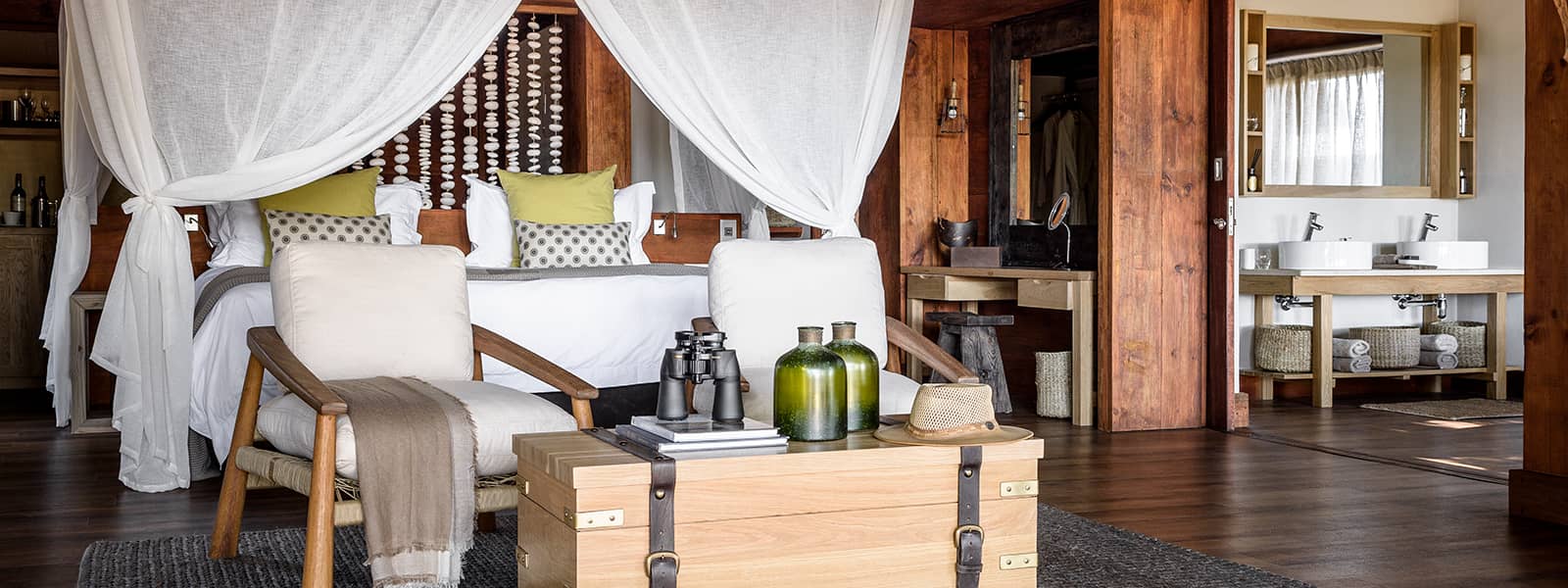 The guest tents at Chiefs Camp are impeccably furnished in natural colours