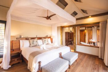 Spacious interior of guest tent at Kwara Camp