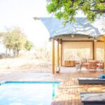 Private deck and plunge pool with lounge chairs at Kwara Camp.