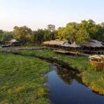Aerial view of Xigera Safari Lodge overlooking the Okavango waterways
