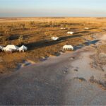 Aerial view of San Camp Lodge located in the Makgadikgadi