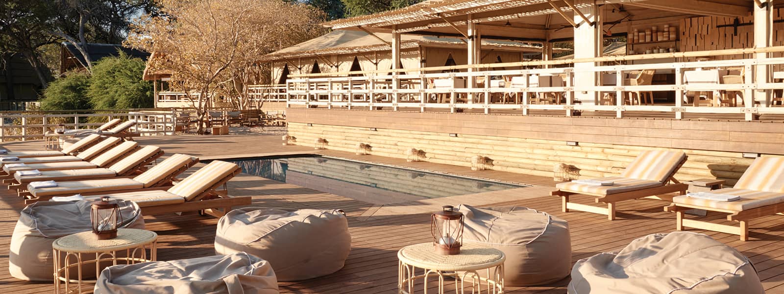 Savute Elephant Lodge main area and swimming pool sun deck
