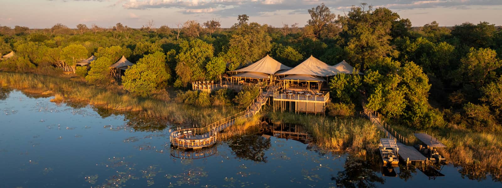 Aerial view of Duma Tau camp overlooking the Osprey lagoon