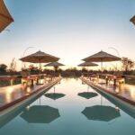 Late afternoon umbrella shadows over the pool at Feline Fields Lodge