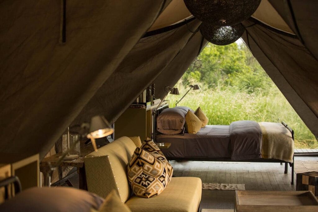 Eco luxury guest tent at Gomoti Plains with a view