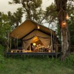 Exterior view of Gomoti Plains Tent by lantern ligh