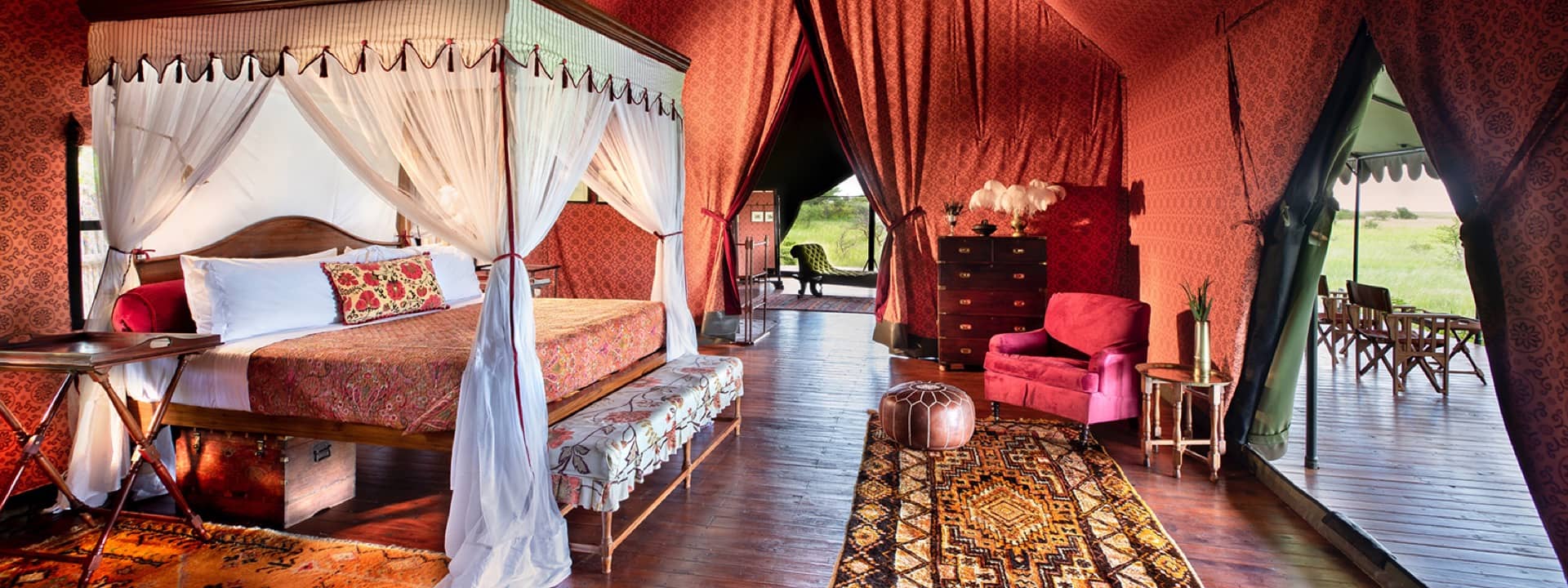 Luscious interiors in the bedroom of the guest tents at Jack's Camp