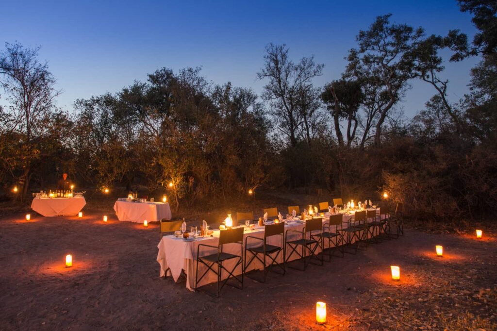 Evening dinner set up at Machaba Camp