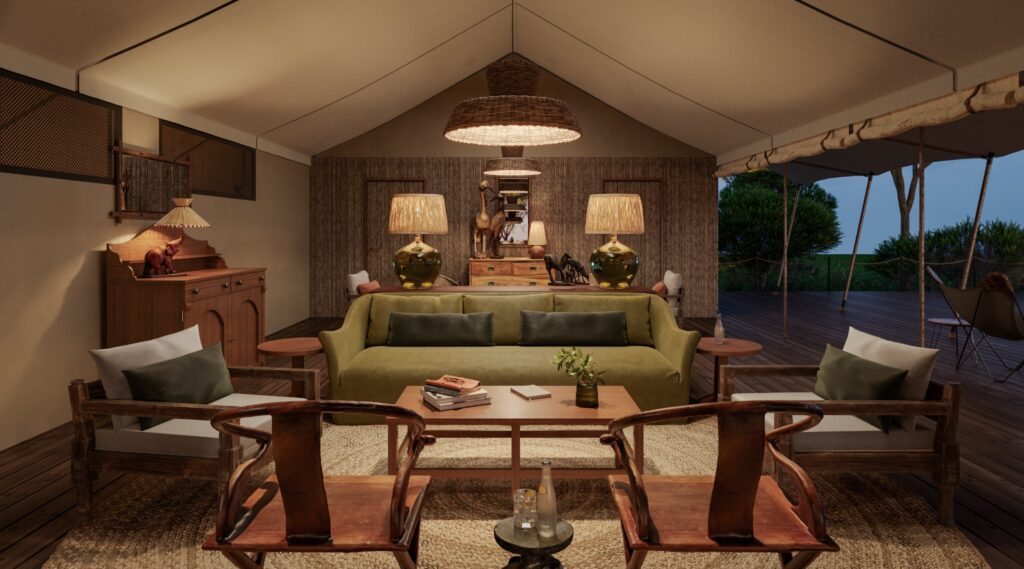 Interior lounge at Mapula Lodge Botswana with modern safari design, natural textures and soft lighting