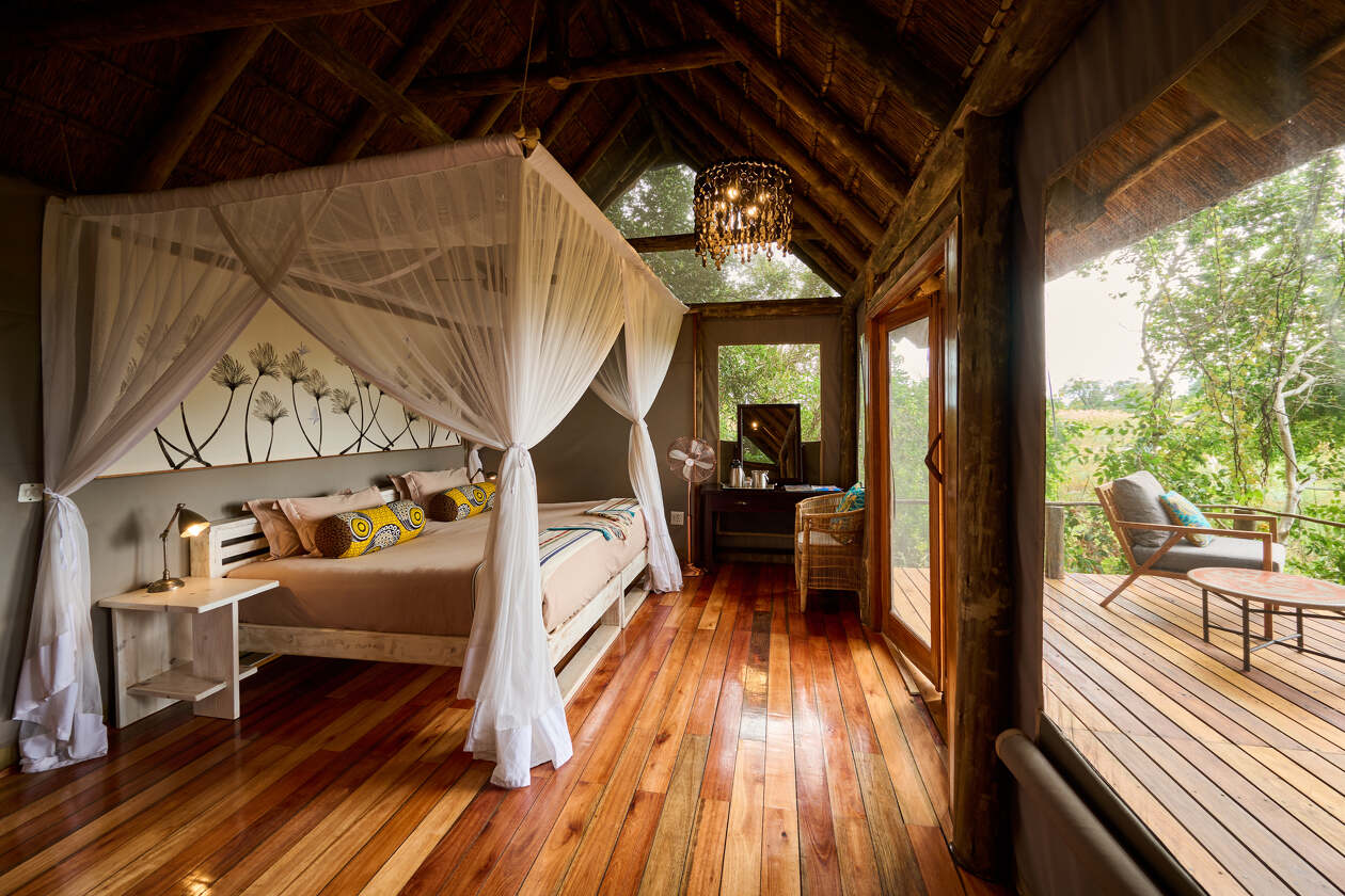 The spacious guest tents at Nxamaseri Island Lodge