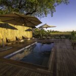 Shaded main pool deck at Savuti Camp with distant landscape view