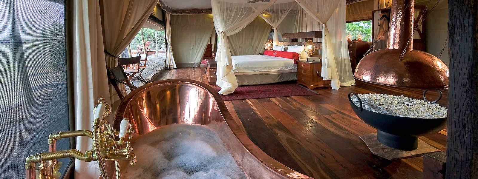 Full view of bedroom as seen from Copper bath tub at Zarafa