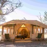 Exterior view of a canvas safari tent at Okavango Horse Safaris Fly Camp.