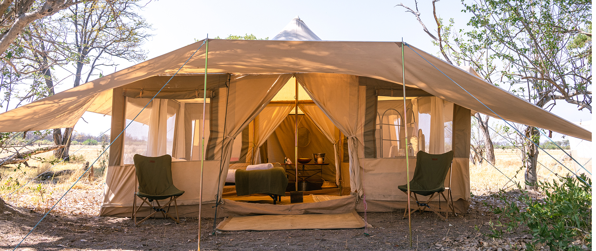 Spacious canvas guest tent on Okavango Horse Safaris Fly Camp