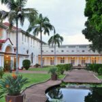 Courtyard and front facade of the iconic Victoria Falls Hotel