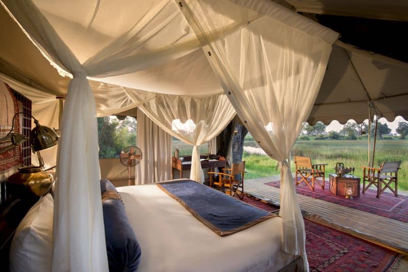The interior layout of a spacious canvas tent at Duba Explorer's camp