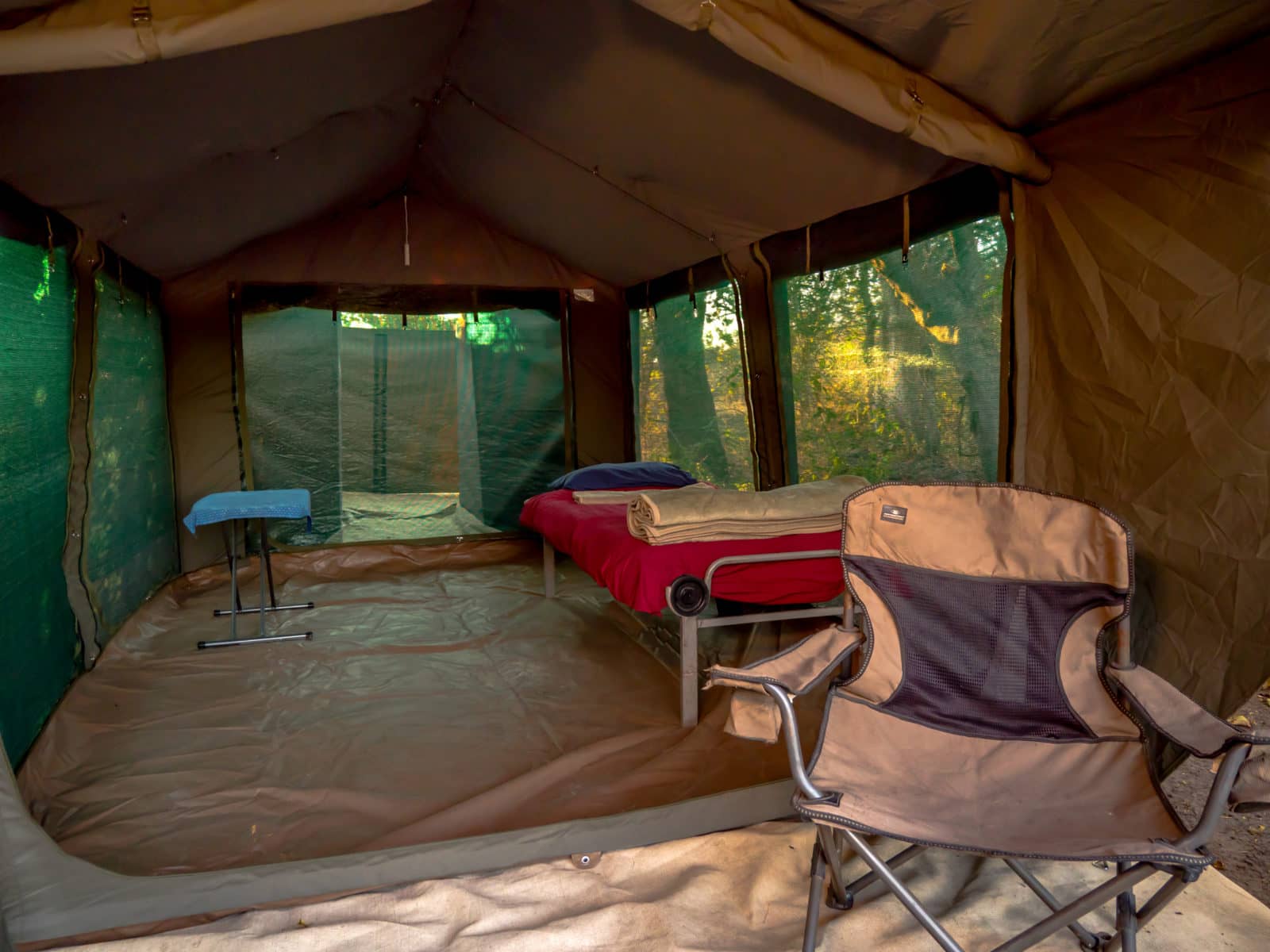 Interior of guide tent at Kwapa Camp