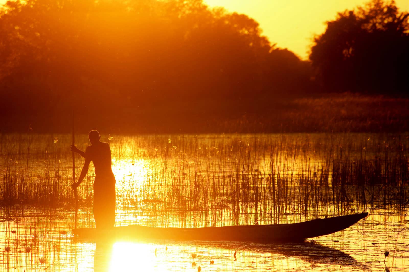 Traditional Okavango Mokoro fisherman at sunset