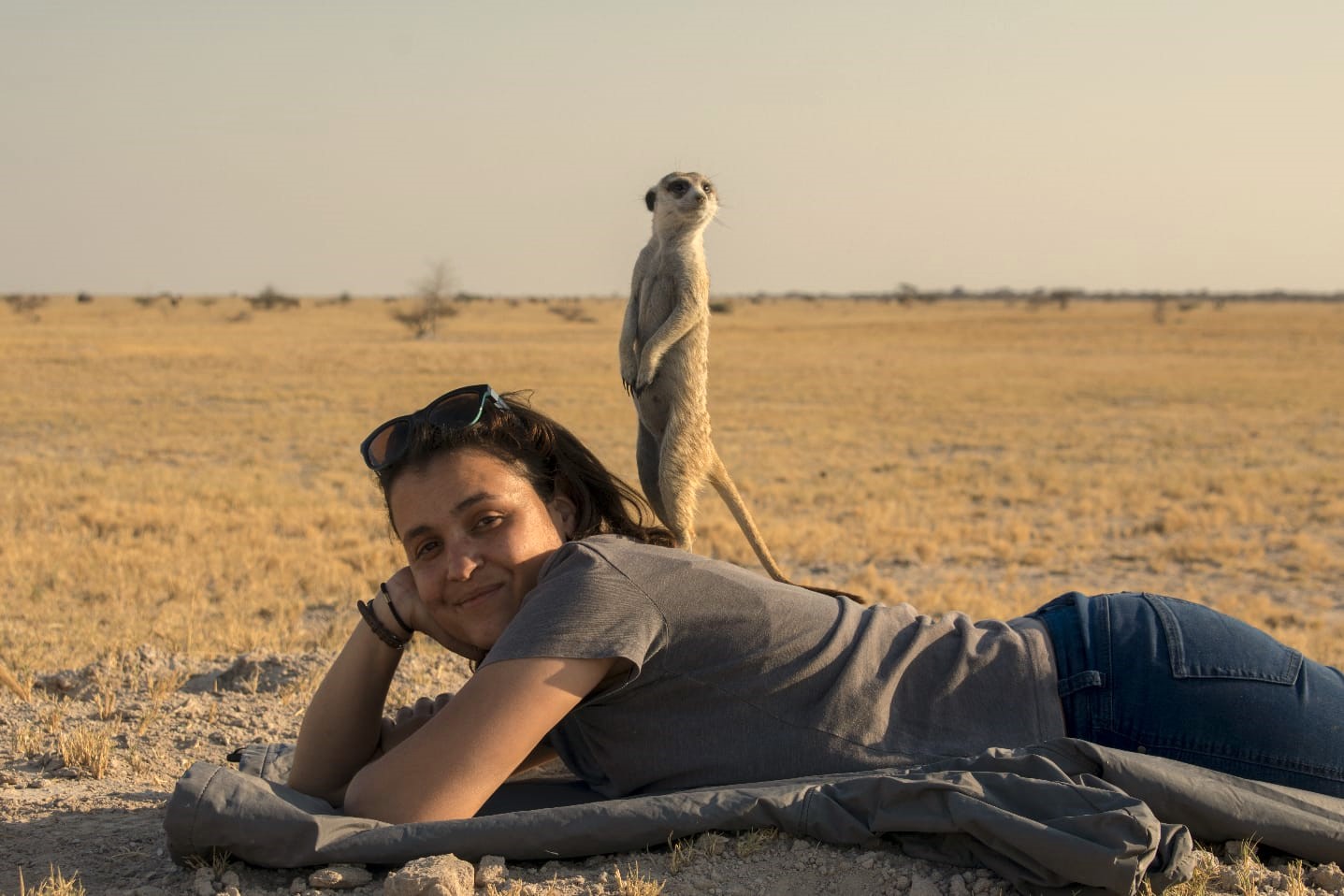 Maxine Eustice with meerkat in Botswana