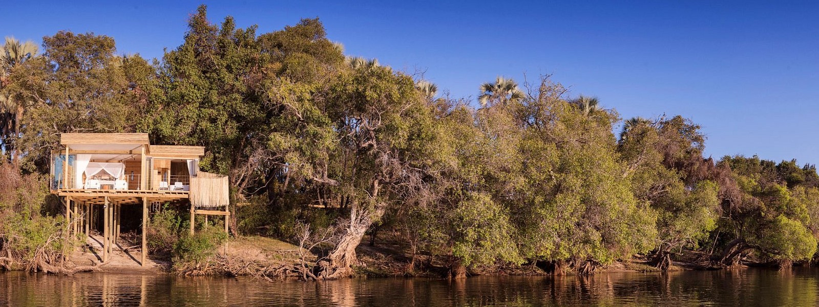 The Island Treehouses are set high up of the Zambezi River.