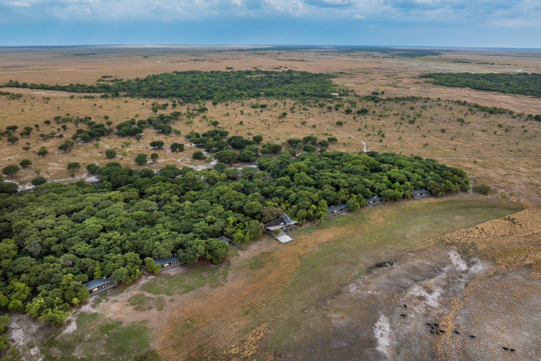Aerial view of King Lewanika Lodge nestled in the remote wilderness of Liuwa Plain National Park