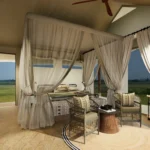 Architect's renders of Nkasa Linyanti camp showing the tented rooms looking in