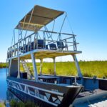 Double decker barge for views over the Okavango Delta in Moremi Game Reserve.