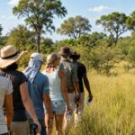 Guests and guide walking through grassland on a guided safari walk with Harkness safaris in Botswana