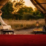 View from inside a safari tent looking out to a seated guest enjoying the surrounding bush at sunset.