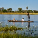 Guests enjoying a mokoro excursion through the Okavango Delta with water lilies and reed-lined channels.