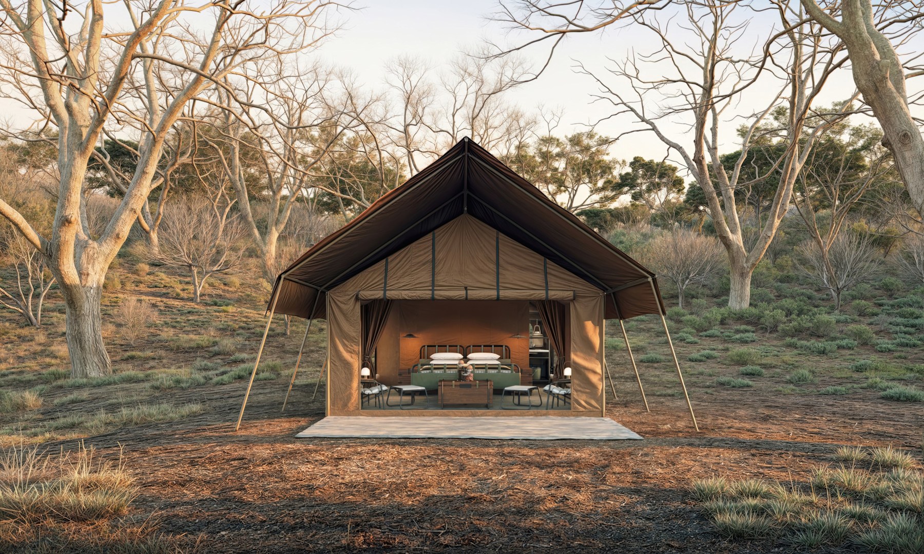 Sandibe Under Canvas, simple classic 1920 safari tent with double bed and ensuite shower with hot water and flushing toilet set in the Southern Okavango.