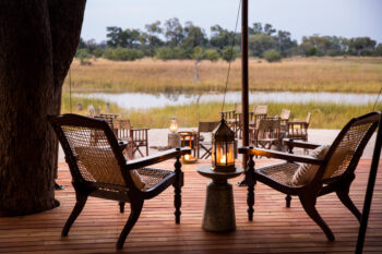 Safari camp deck overlooking water in Botswana Okavango Delta