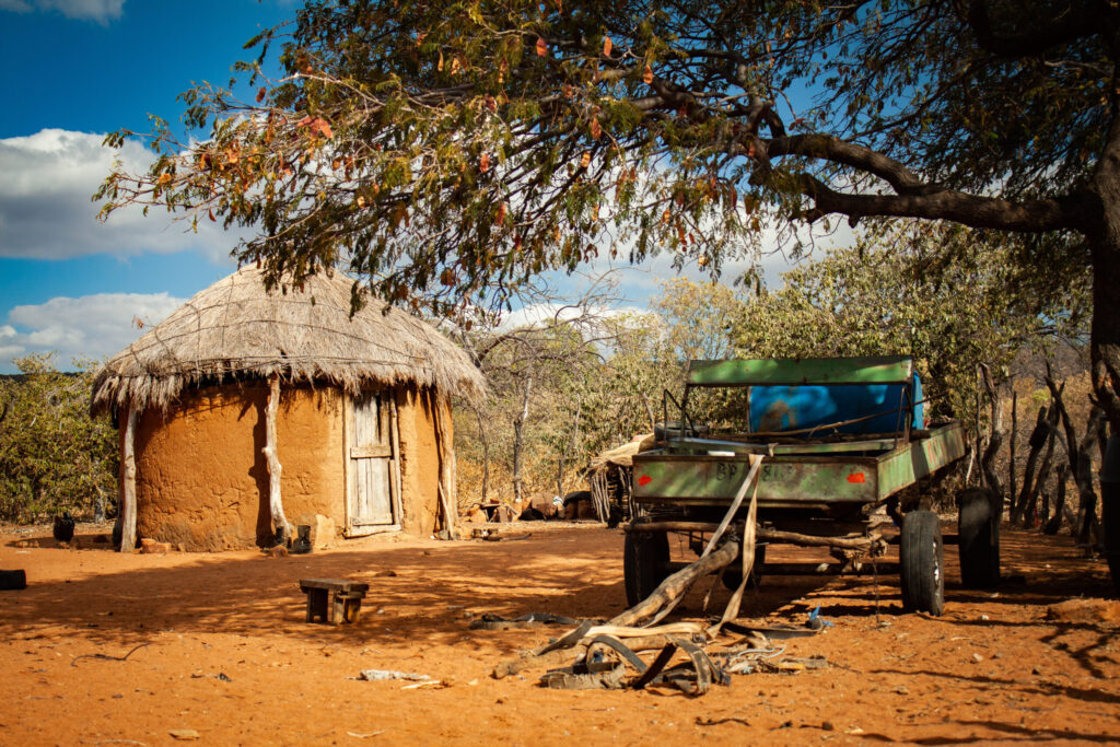 Traditional mud and thatch home at a rural cattle post in Botswana